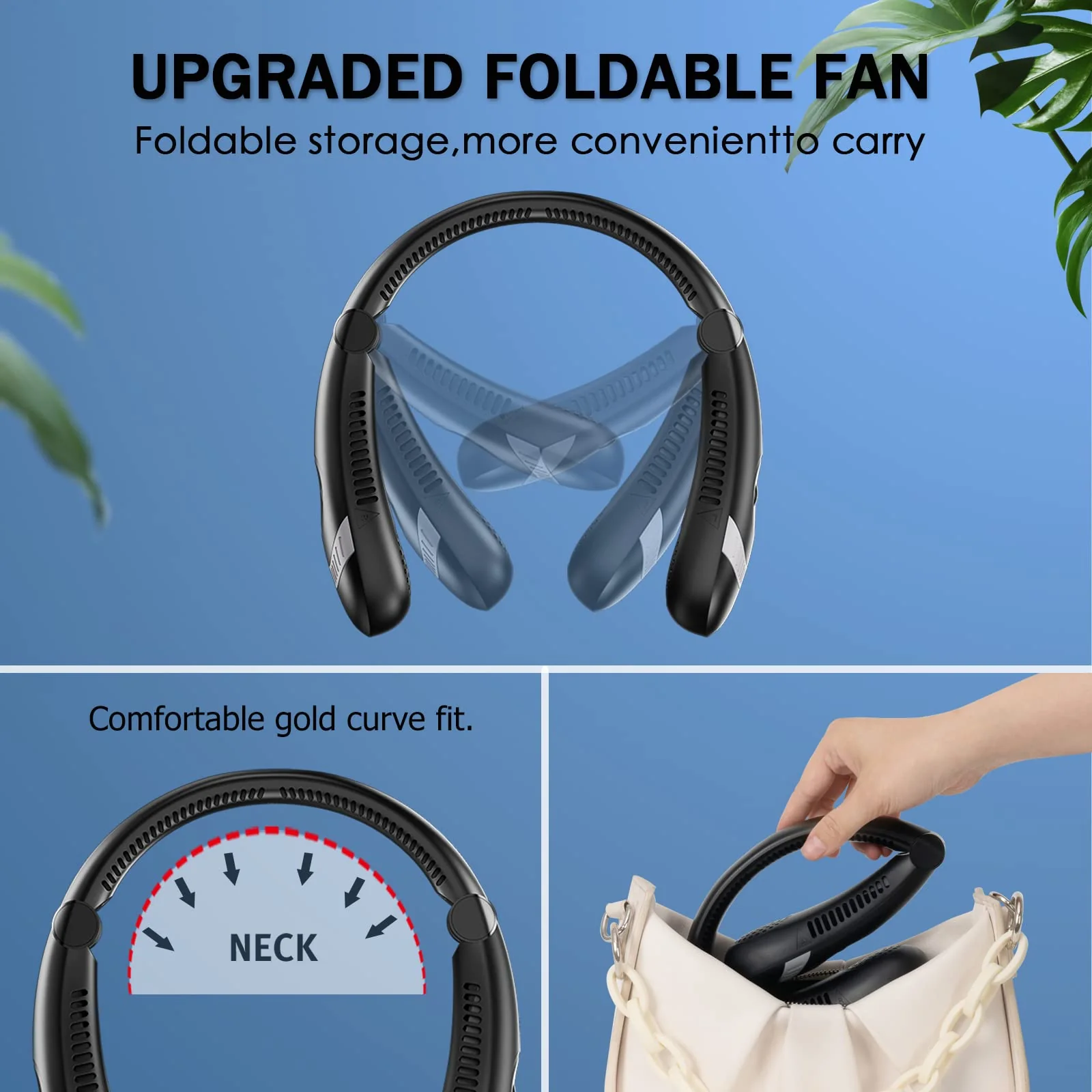 Portable Neck Fan, 360° Cooling Personal Fan, Hands Free Bladeless Fan, Battery Operated, USB Rechargeable, 3 Speeds Wearable Quiet Fan for Outdoor Indoor, Black - Image 5