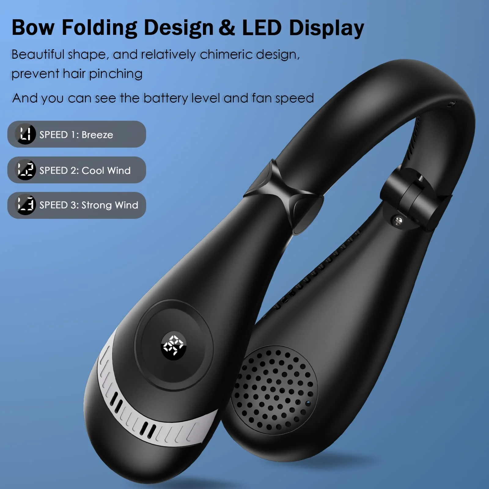 Portable Neck Fan, 360° Cooling Personal Fan, Hands Free Bladeless Fan, Battery Operated, USB Rechargeable, 3 Speeds Wearable Quiet Fan for Outdoor Indoor, Black - Image 6
