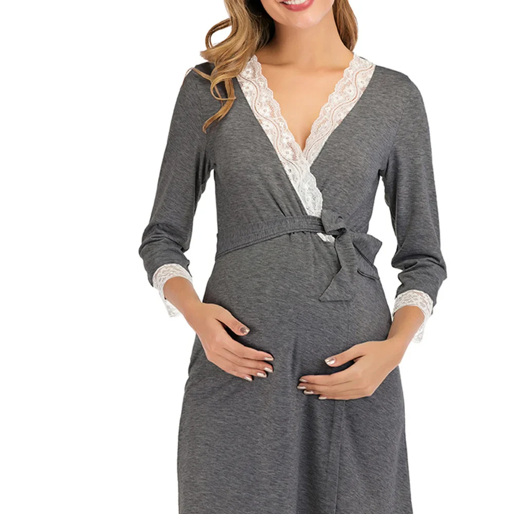 Pregnant Women Nursing Nightwear Pajama Maternity Robe Nightgown Lace Trim Half Sleeve Sleepwear Ropa Mujer Embarazada Premama - Image 5
