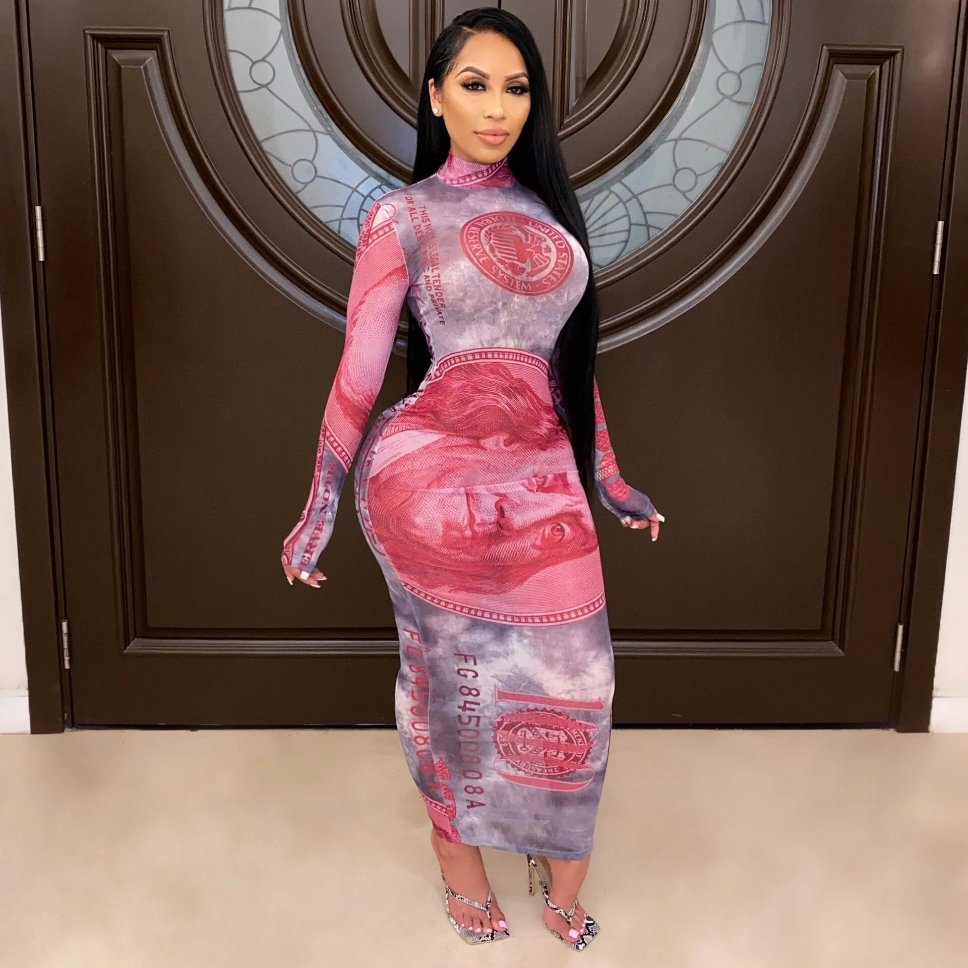 Print Sexy Mesh Long Sleeve Party Dress Women See Through Clubwear Skinny Autumn Bodycon Maxi Dresses Slim Turtleneck - Image 2