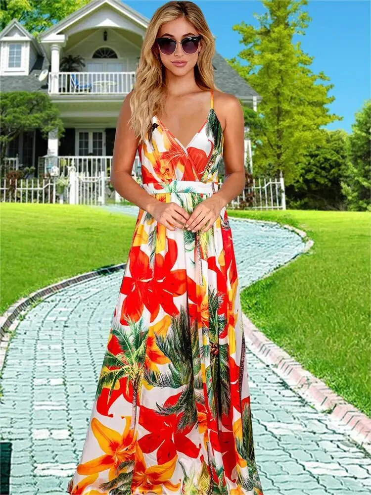 Printed Beach Cover Up Dress 2023 Women Deep V Neck Cover-ups Summer Beach Wear Sexy Elegant Female Summer Long Dress - Image 15
