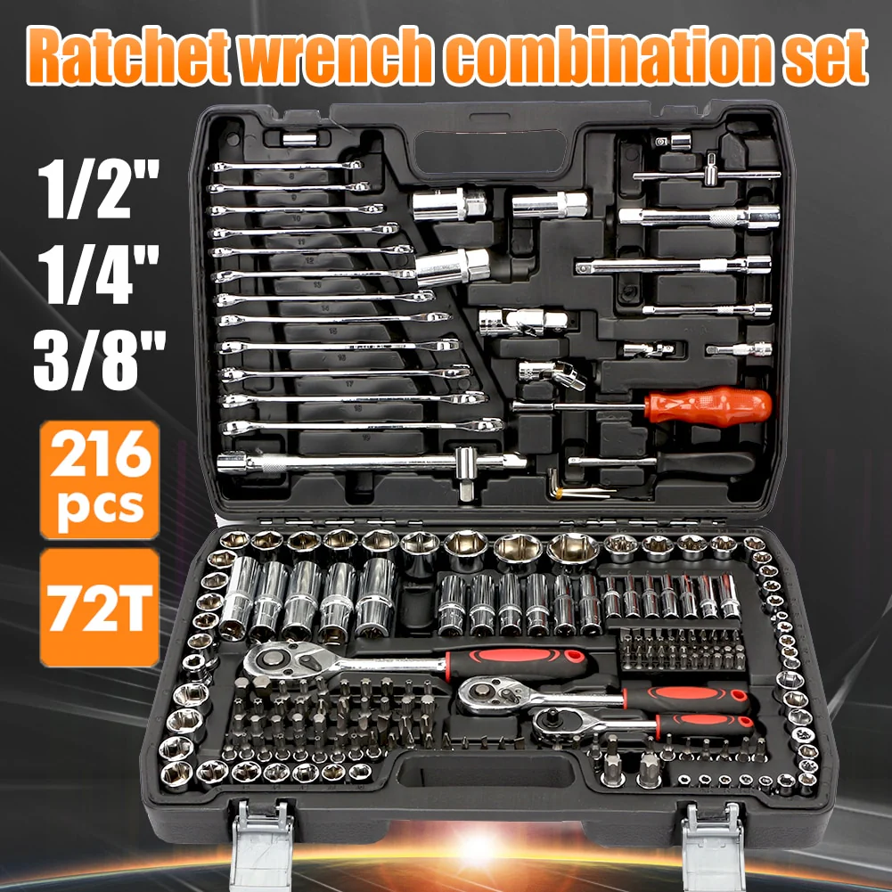 Professional 216PCS Socket Ratchet Spanner Screwdriver Socket Set Car Repair Tool Metalworking Toolbox Tool Kit