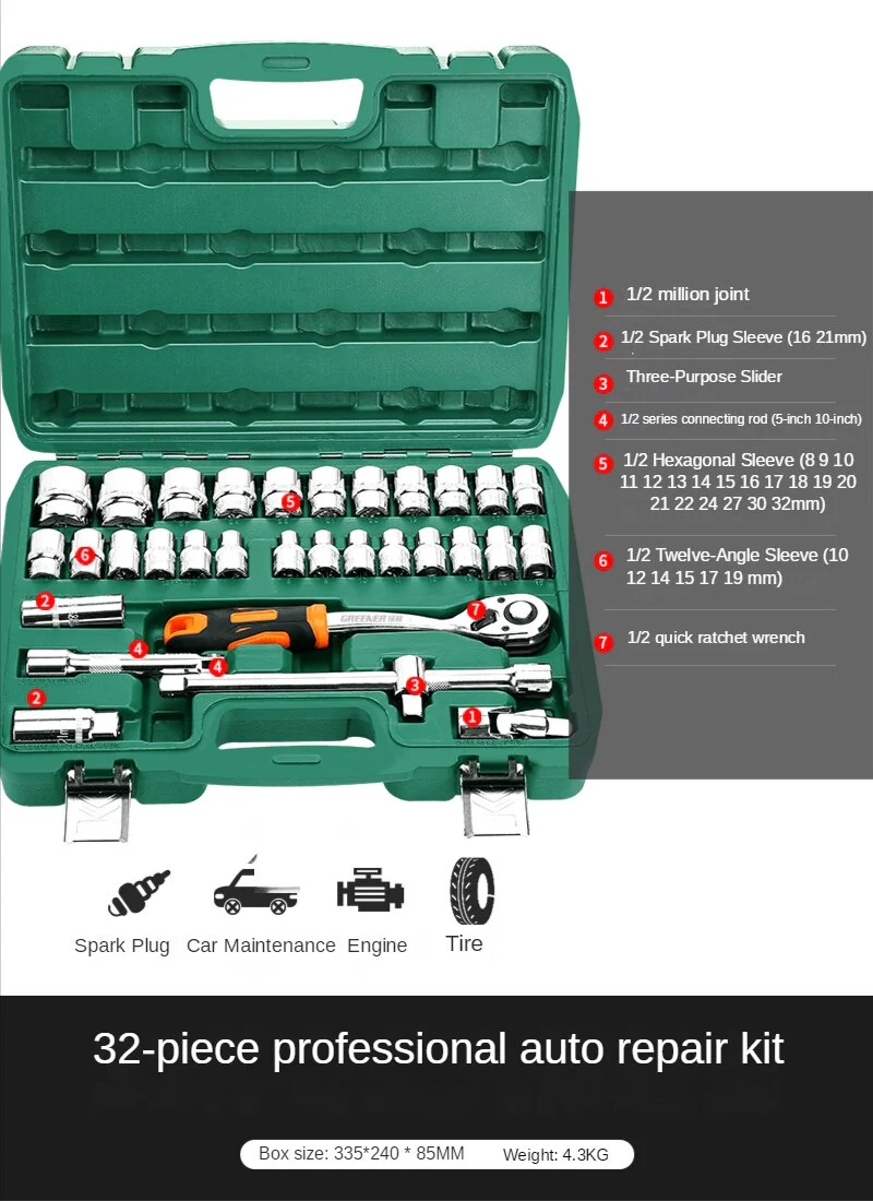 Professional Auto Repair Toolbox Kit Socket Wrench Ratchet Combination Complete Set of Multifunctional Tools and Accessories - Image 9