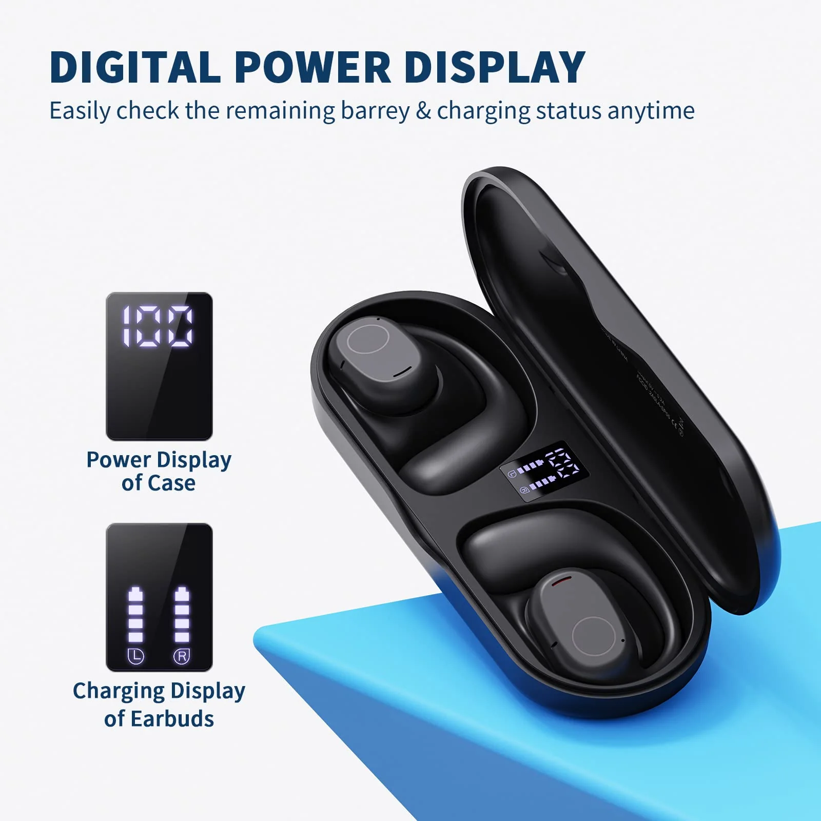 PSIER Open Ear Headphones, Bluetooth 5.3 Wireless Sports Headphones with Digital Display Charging Case 40 Hours Playtime True Earbuds with Earhooks for Running, Walking, Workout - Image 2