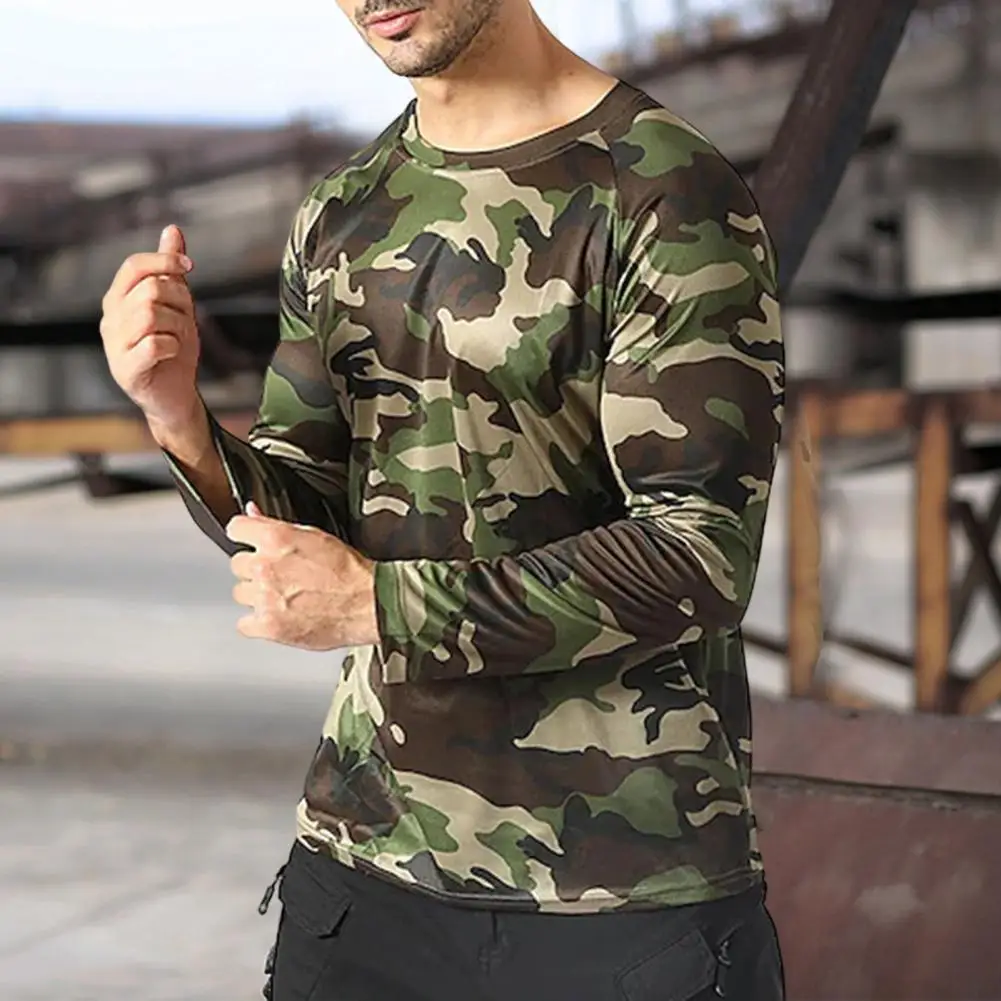 Pullover T-shirt O-neck Long Sleeve Solid Color Camouflage Print Men Top Outdoor Sport Elastic Slim Fit Autumn T-shirt - Image 2