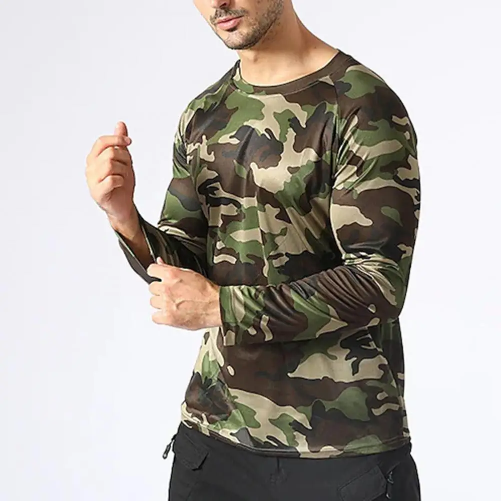 Pullover T-shirt O-neck Long Sleeve Solid Color Camouflage Print Men Top Outdoor Sport Elastic Slim Fit Autumn T-shirt - Image 3