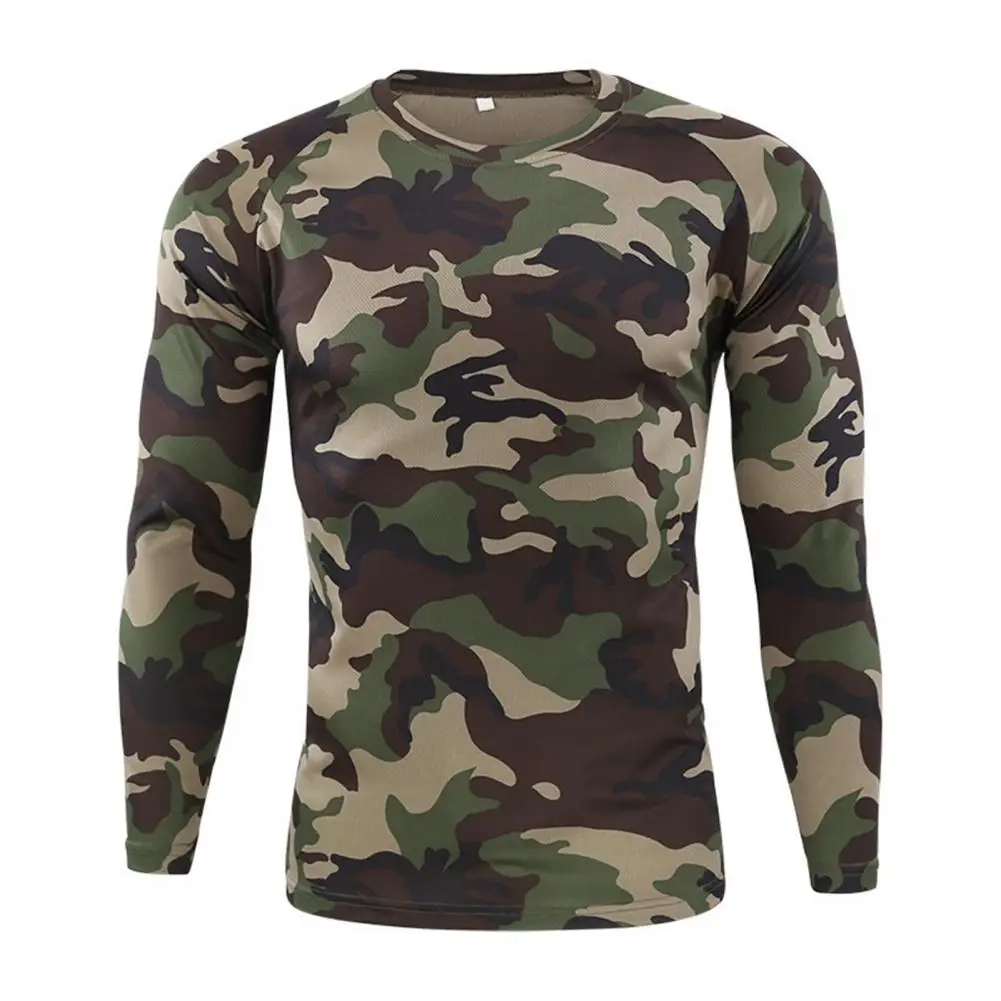 Pullover T-shirt O-neck Long Sleeve Solid Color Camouflage Print Men Top Outdoor Sport Elastic Slim Fit Autumn T-shirt - Image 5