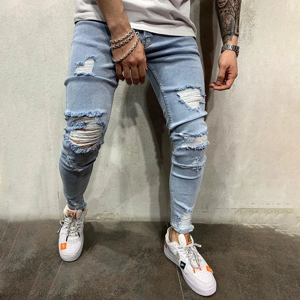 Punk Street Ripped Skinny Jeans Men Vintage Wash Solid Denim Trouser Mens Casual Slim Fit Pencil Denim Holes out Pants 2024 - Image 2