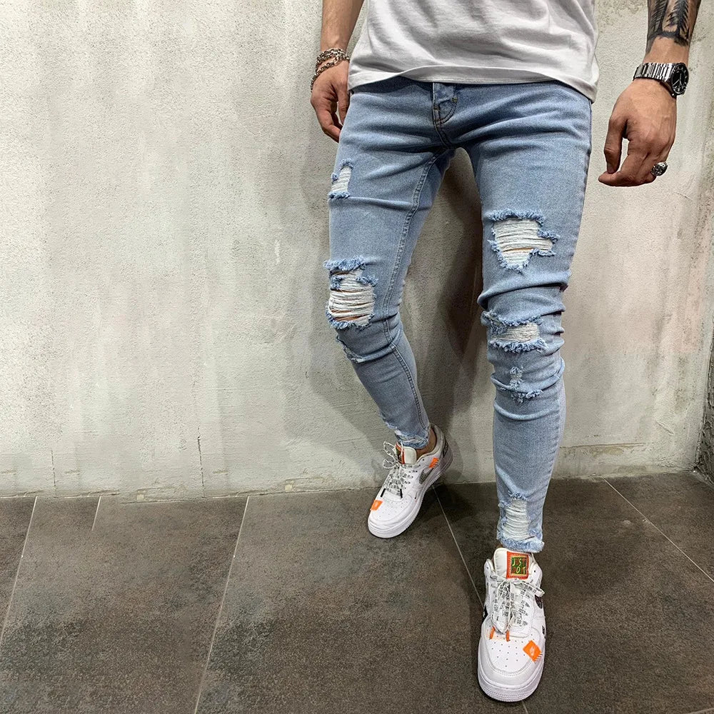 Punk Street Ripped Skinny Jeans Men Vintage Wash Solid Denim Trouser Mens Casual Slim Fit Pencil Denim Holes out Pants 2024 - Image 3