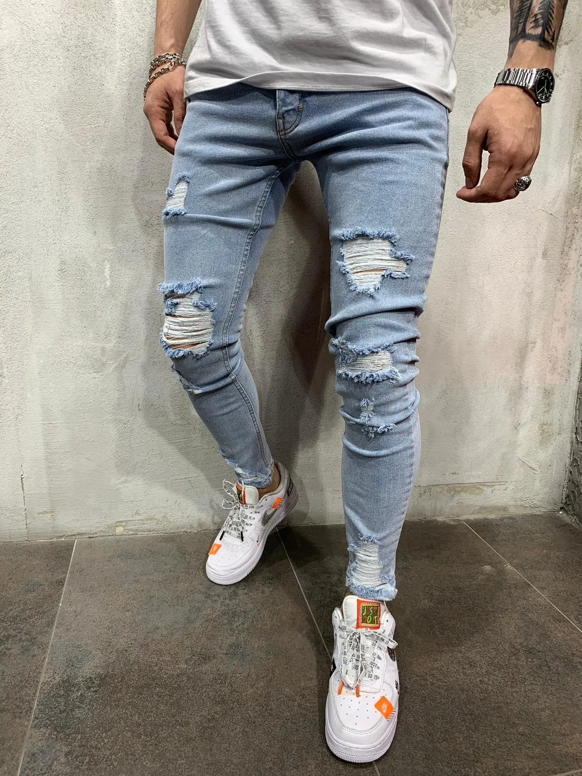 Punk Street Ripped Skinny Jeans Men Vintage Wash Solid Denim Trouser Mens Casual Slim Fit Pencil Denim Holes out Pants 2024 - Image 5