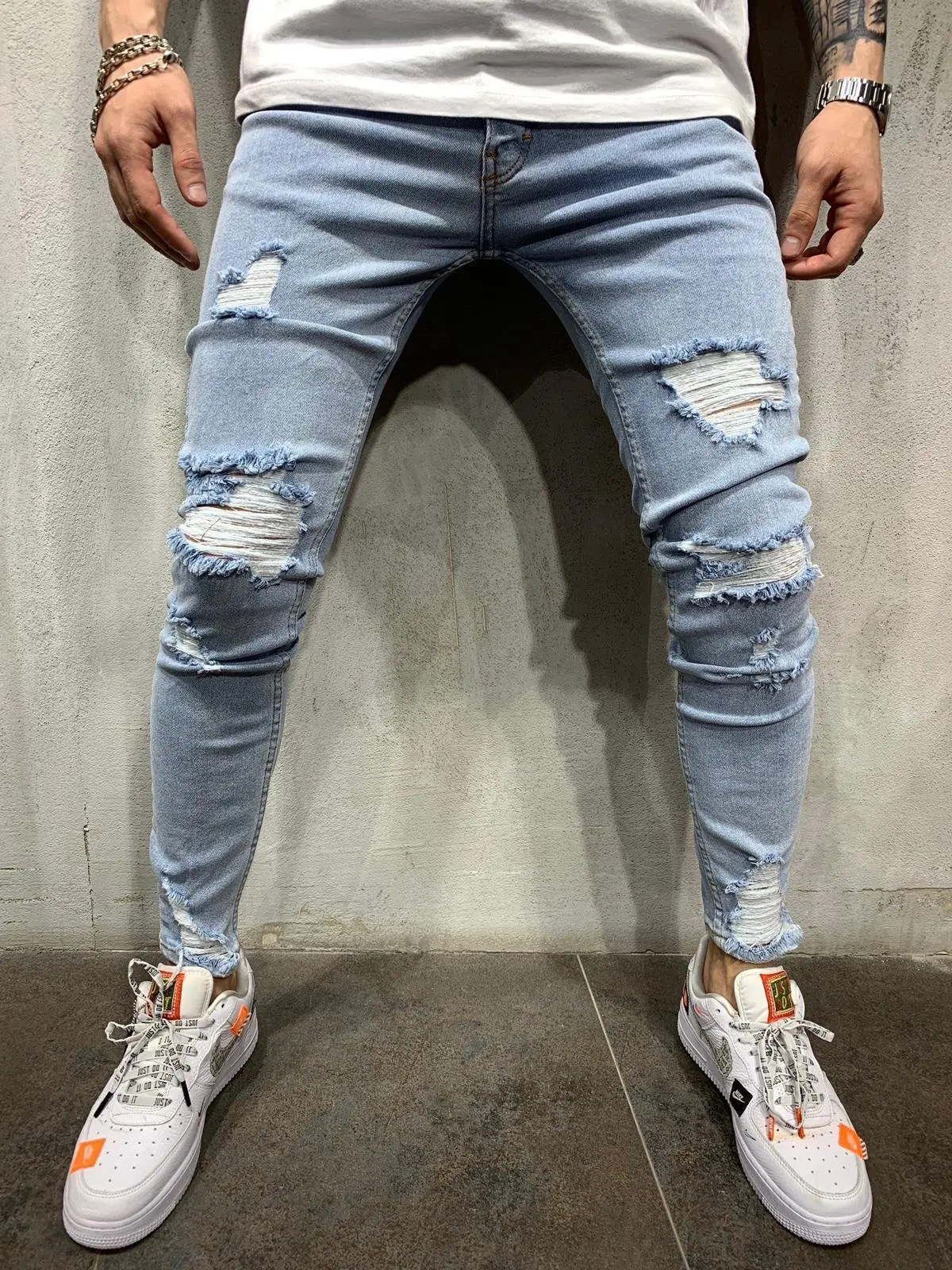Punk Street Ripped Skinny Jeans Men Vintage Wash Solid Denim Trouser Mens Casual Slim Fit Pencil Denim Holes out Pants 2024 - Image 7