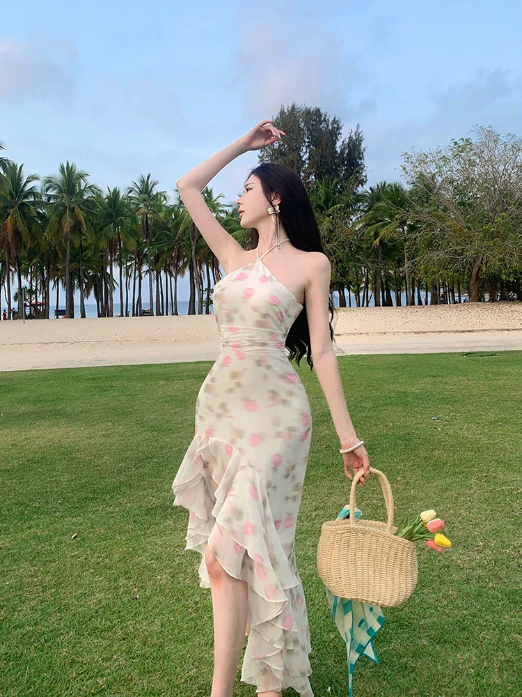 Pure Desire Ruffles Split Waist Fitted Sexy Long Halter Spaghetti Straps Dress Seaside Holiday Floral Beach Skirt - Image 4