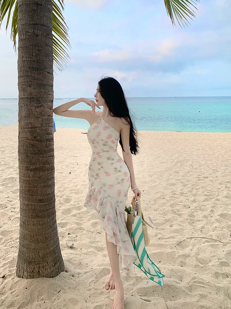 Pure Desire Ruffles Split Waist Fitted Sexy Long Halter Spaghetti Straps Dress Seaside Holiday Floral Beach Skirt - Image 5
