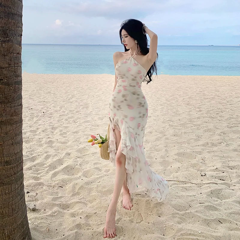 Pure Desire Ruffles Split Waist Fitted Sexy Long Halter Spaghetti Straps Dress Seaside Holiday Floral Beach Skirt - Image 6