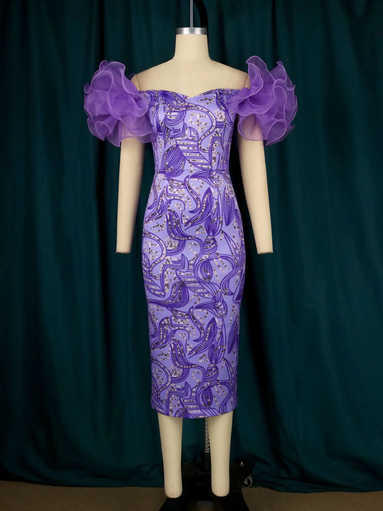 Purple Print Midi Dresses for Women Flower Short Sleeve Floral African Gowns Bodycon Evening Cocktail Event Party Outfits 4XL - Image 3