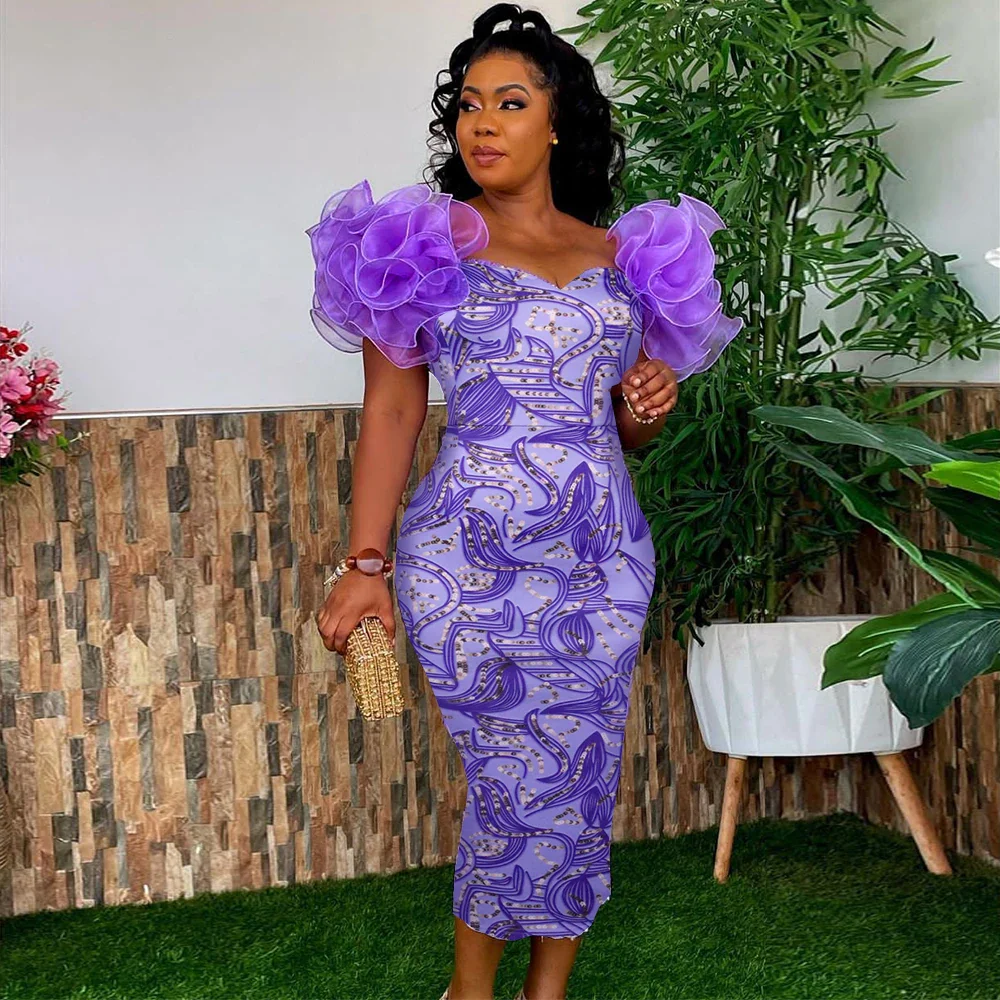 Purple Print Midi Dresses for Women Flower Short Sleeve Floral African Gowns Bodycon Evening Cocktail Event Party Outfits 4XL - Image 9