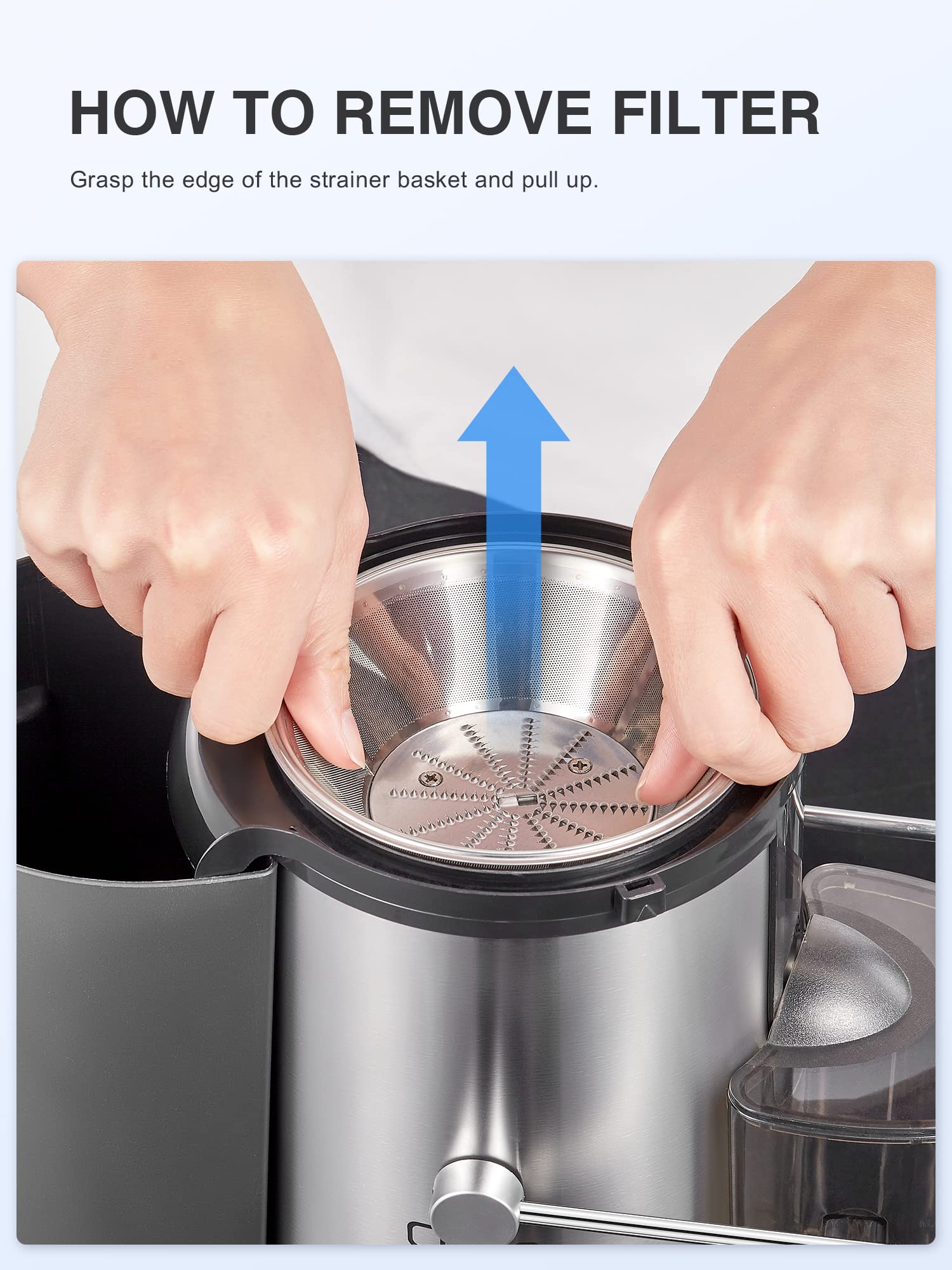 Qcen Juicer Machine, 500W Centrifugal Juicer Extractor with Wide Mouth 3” Feed Chute for Fruit Vegetable, Easy to Clean, Stainless Steel, BPA-free (Blue) - Image 4