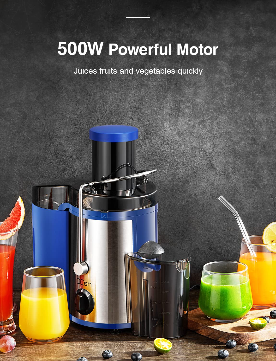 Qcen Juicer Machine, 500W Centrifugal Juicer Extractor with Wide Mouth 3” Feed Chute for Fruit Vegetable, Easy to Clean, Stainless Steel, BPA-free (Blue) - Image 5