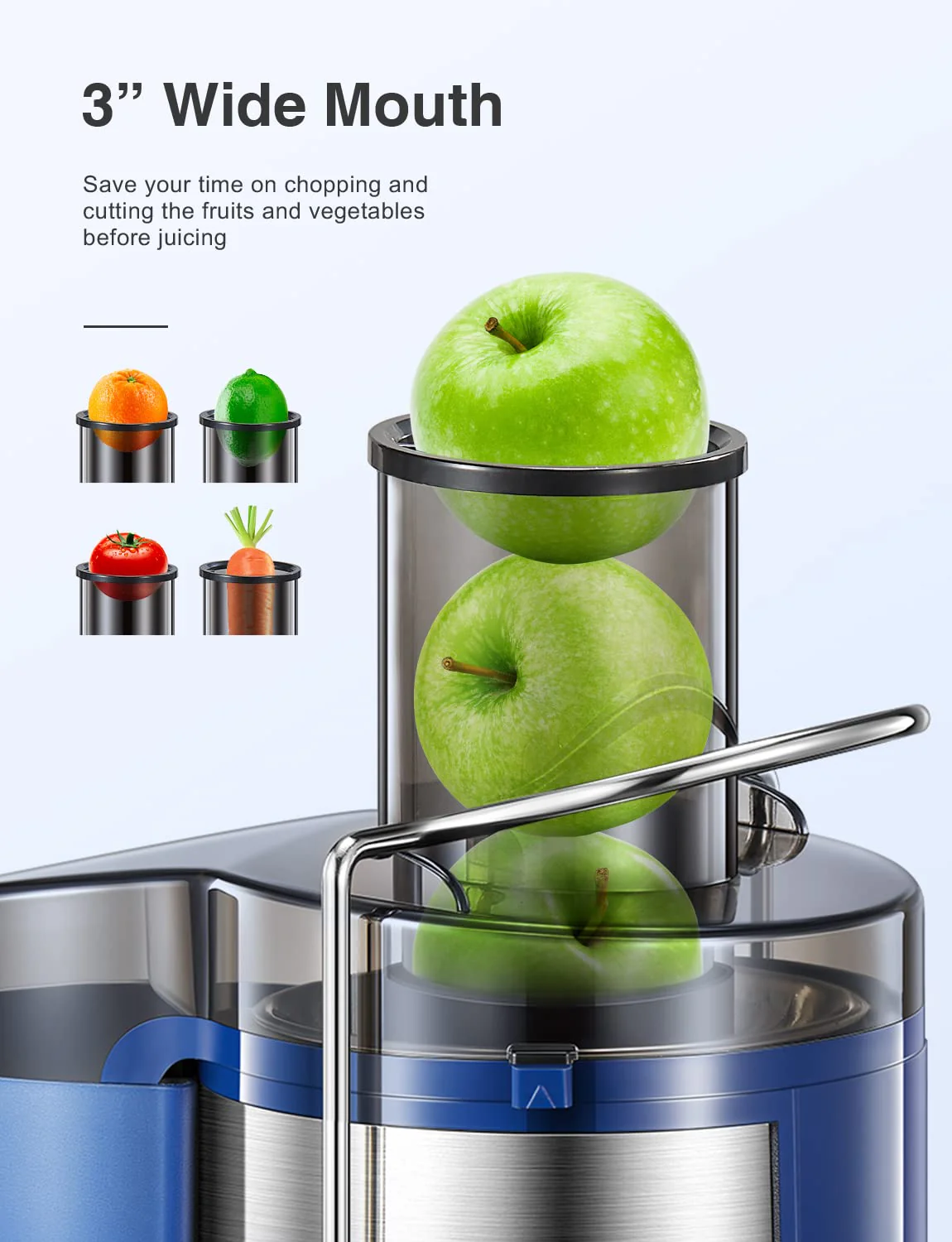 Qcen Juicer Machine, 500W Centrifugal Juicer Extractor with Wide Mouth 3” Feed Chute for Fruit Vegetable, Easy to Clean, Stainless Steel, BPA-free (Blue) - Image 7