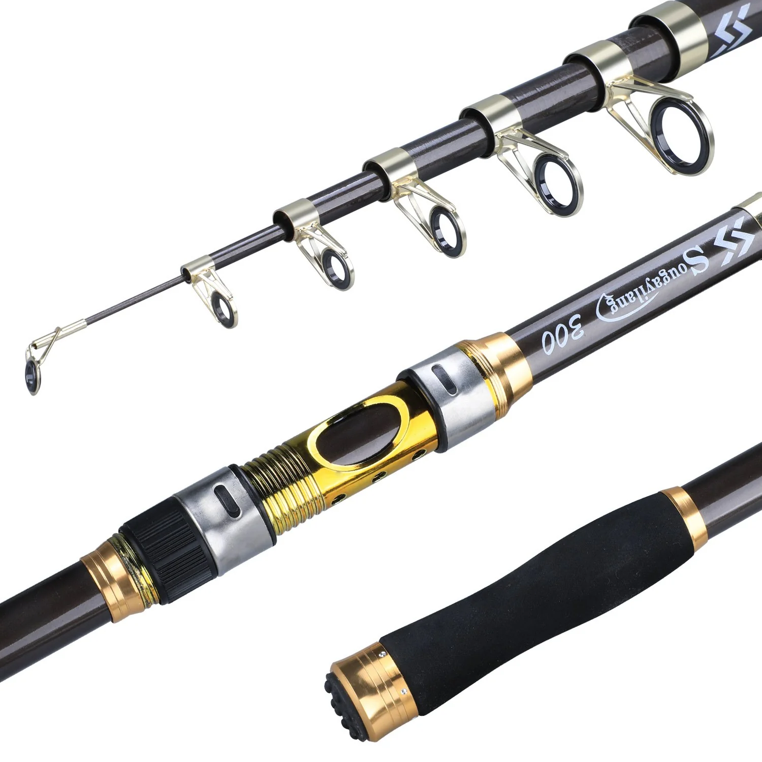 [Quality Construction] Sougayilang Ultralight Carbon Fiber Spinning Fishing Rod - Portable, Medium Action, 6.72-9.84ft Extendable Length, Black & Golden with Comfort Grip Handle - Ideal for All Anglers - Image 3