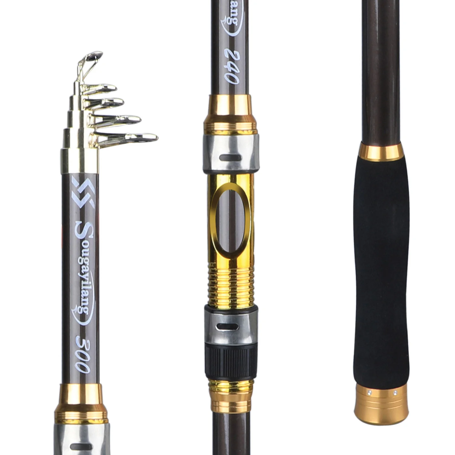 [Quality Construction] Sougayilang Ultralight Carbon Fiber Spinning Fishing Rod - Portable, Medium Action, 6.72-9.84ft Extendable Length, Black & Golden with Comfort Grip Handle - Ideal for All Anglers - Image 6
