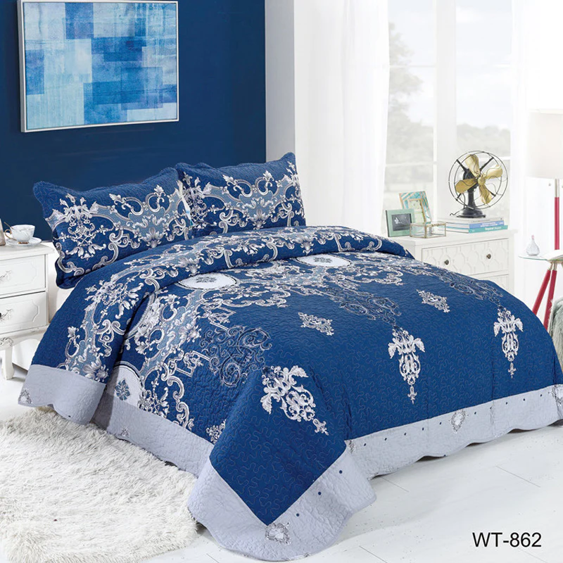 Quilting Queen Geometric Design Reversible Cotton 3 Pieces Bedsheet Comforter Set Bedding