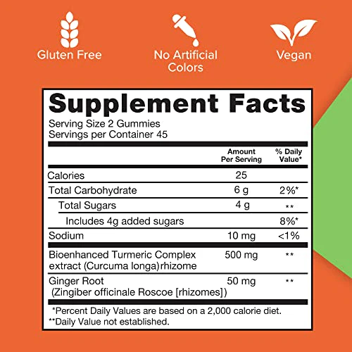 Qunol Turmeric and Ginger Gummies, Gummy with 500mg Turmeric + 50mg Ginger, Joint Support Supplement, Ultra High Absorption Tumeric and Ginger, Vegan, Gluten Free, 90ct Gummies - Image 5