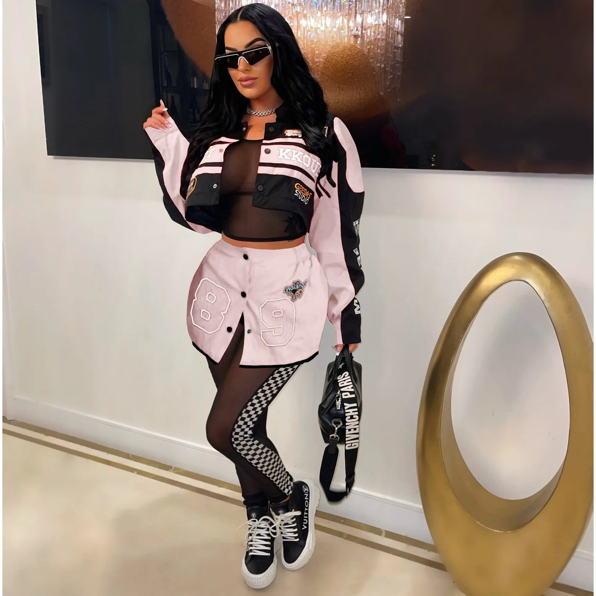 Racing Detachable Varsity Coats Letter Printed Button Up Bomber Jackets 2023 Autumn Winter Streetwear Fitness Skirt Matching Set - Image 10