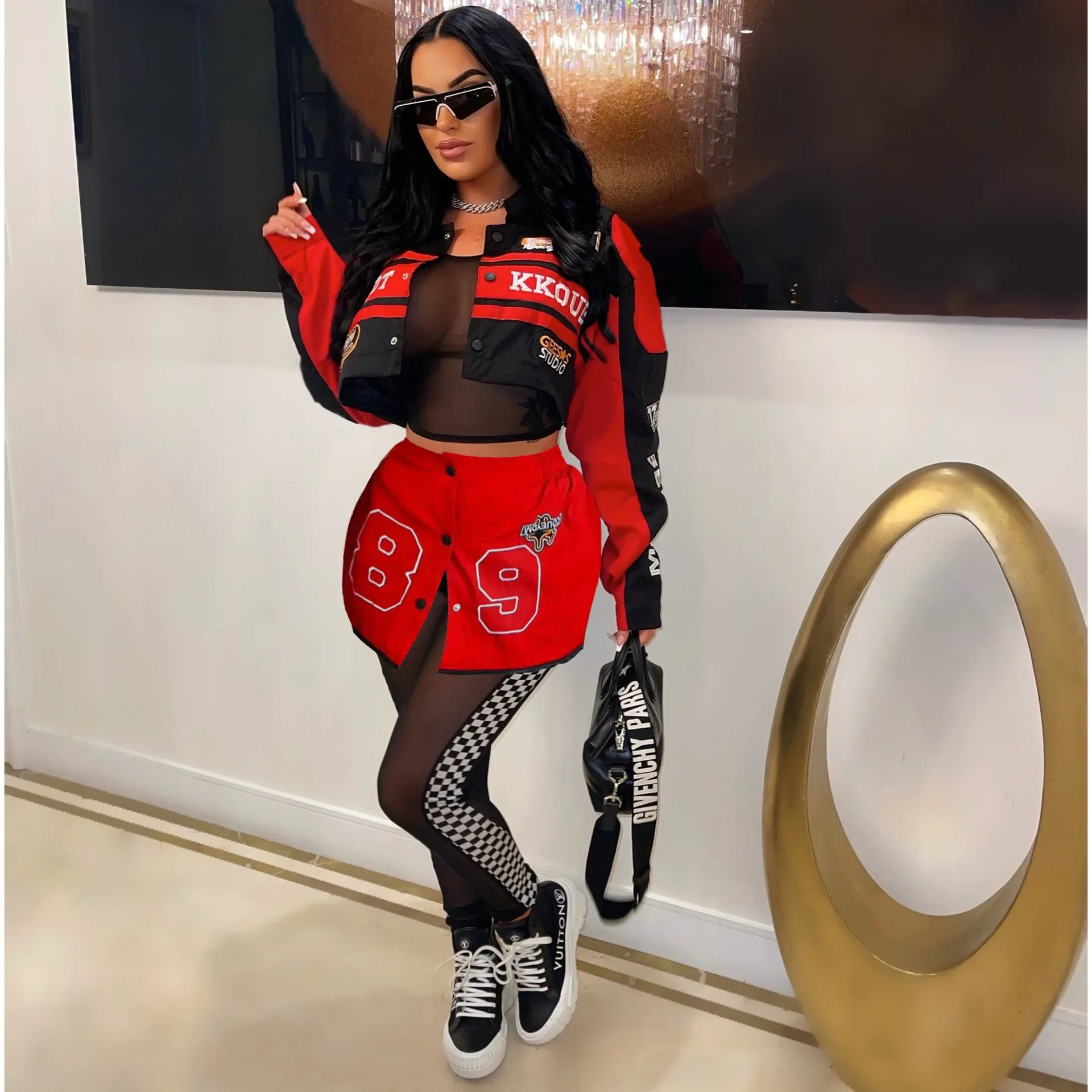 Racing Detachable Varsity Coats Letter Printed Button Up Bomber Jackets 2023 Autumn Winter Streetwear Fitness Skirt Matching Set - Image 12
