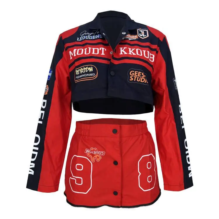Racing Detachable Varsity Coats Letter Printed Button Up Bomber Jackets 2023 Autumn Winter Streetwear Fitness Skirt Matching Set - Image 5