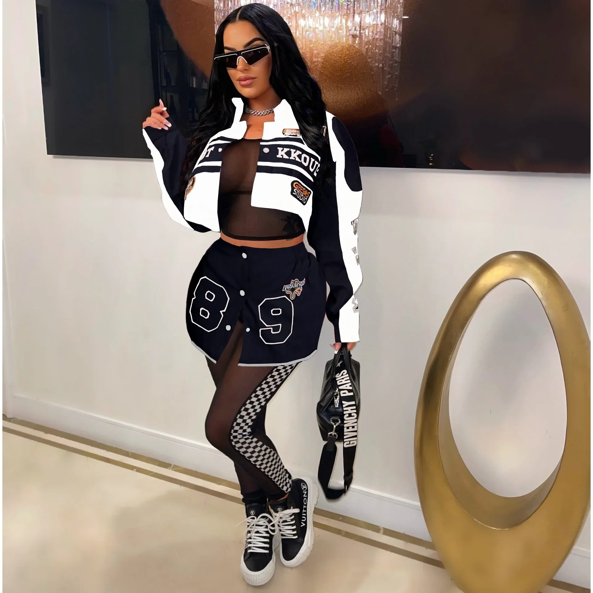 Racing Detachable Varsity Coats Letter Printed Button Up Bomber Jackets 2023 Autumn Winter Streetwear Fitness Skirt Matching Set - Image 7