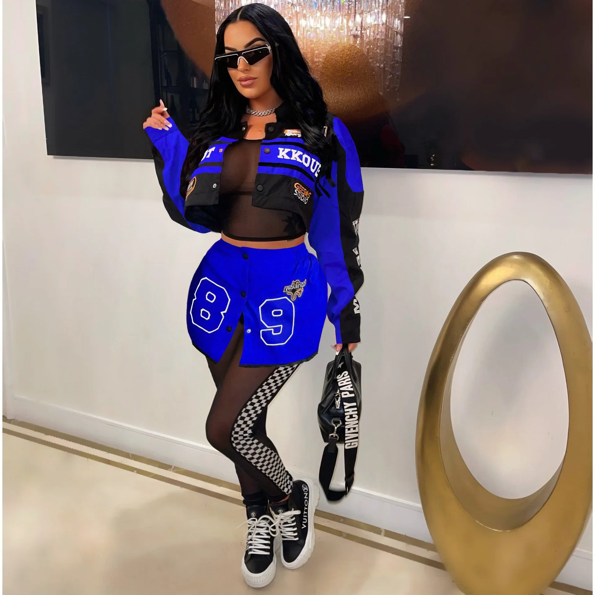 Racing Detachable Varsity Coats Letter Printed Button Up Bomber Jackets 2023 Autumn Winter Streetwear Fitness Skirt Matching Set - Image 8