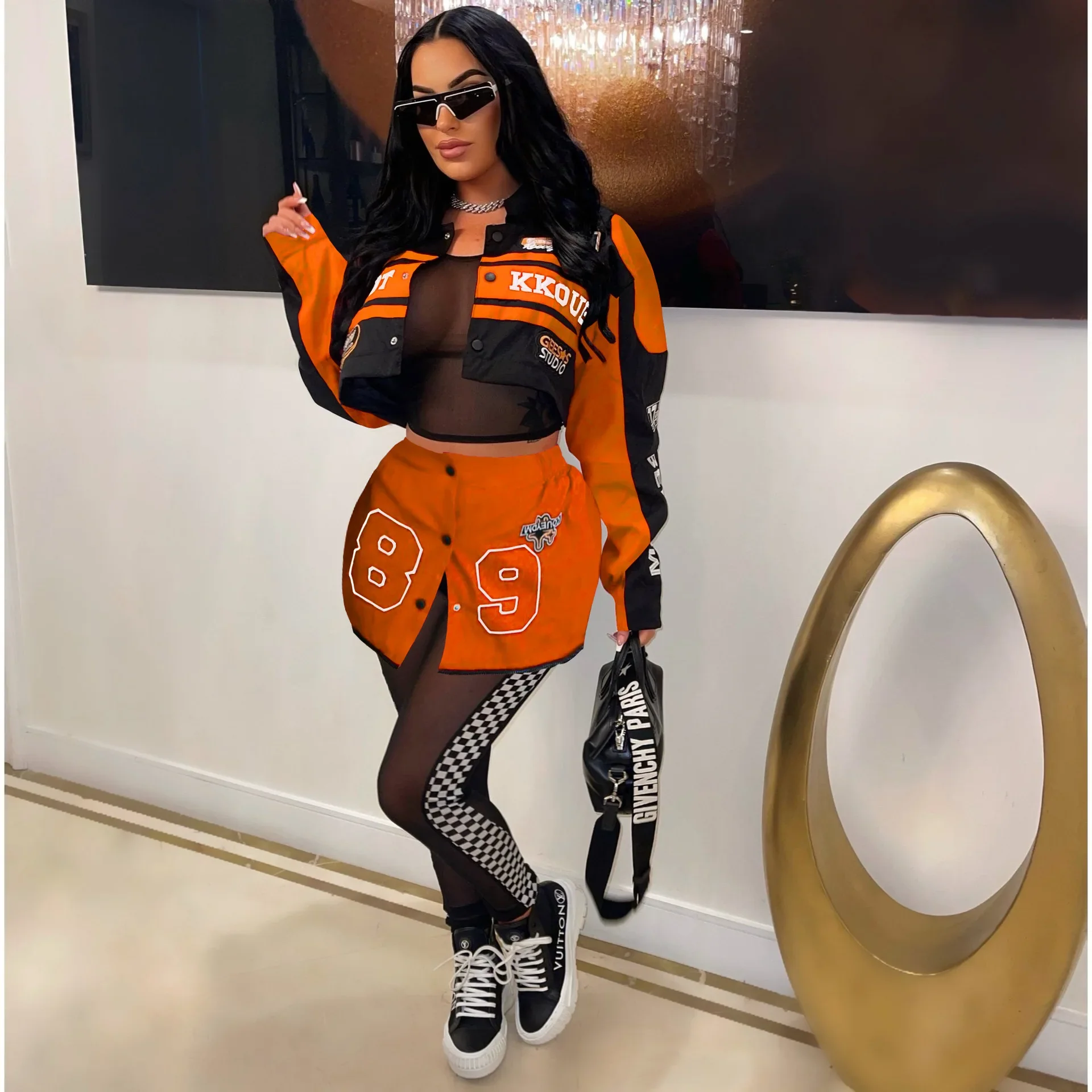 Racing Detachable Varsity Coats Letter Printed Button Up Bomber Jackets 2023 Autumn Winter Streetwear Fitness Skirt Matching Set - Image 9
