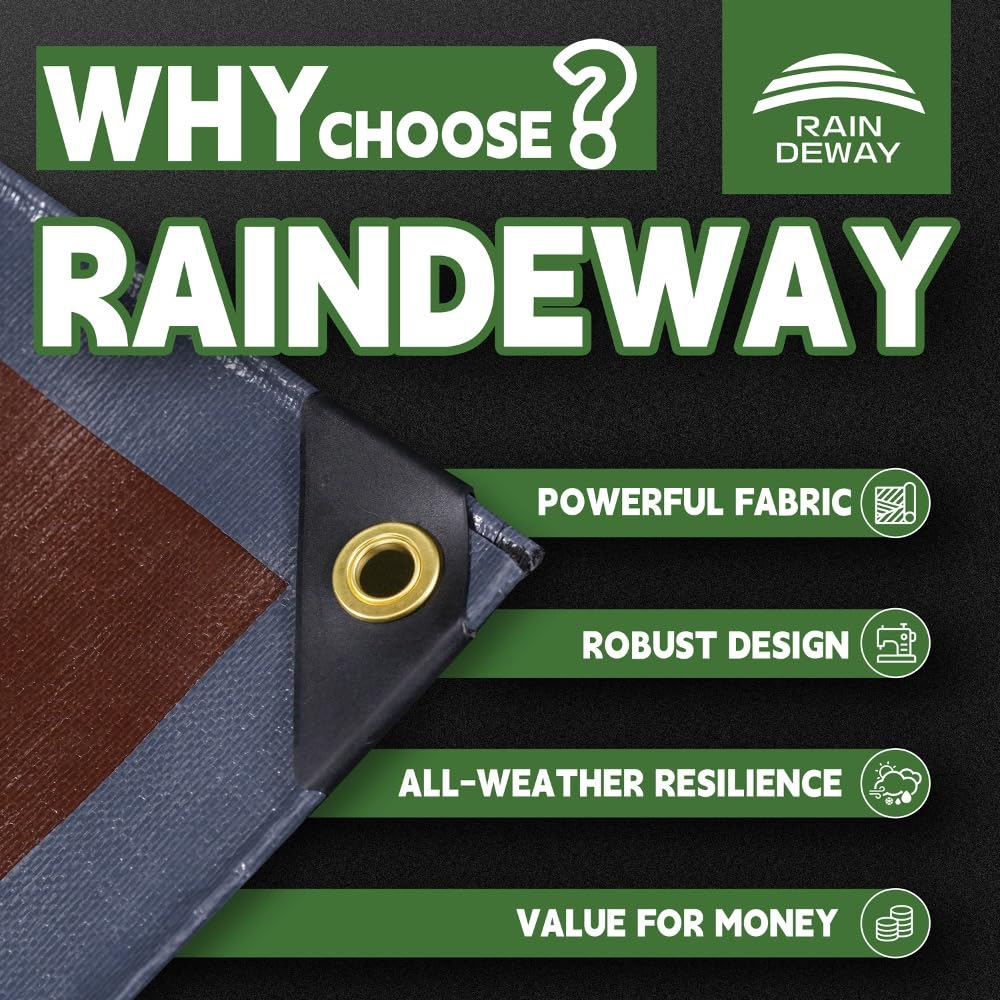 RAINDEWAY 20x30 Feet Super Heavy Duty Tarp 18 Mil, UV Resistant, Weatherproof, Multipurpose Waterproof Poly Tarp with Grommets and Reinforced Edges, Brown/Gray Tarp - Image 9