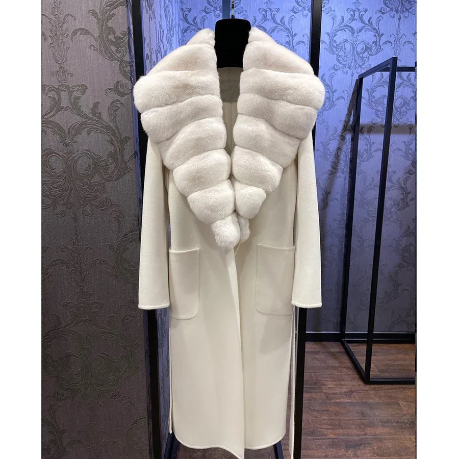 Real Chinchilla Rex Rabbit Fur Coat Luxury Clothes Women White Fur Coat Wool Coat With Rabbit Fur Collar Warm 2022 - Image 9