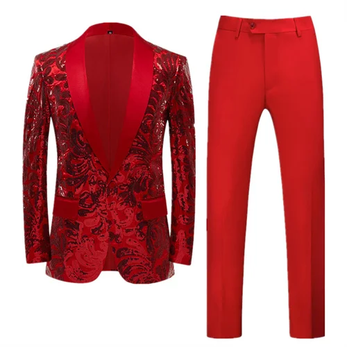 Red Sequin Blazer & Pants Set , Men's Shiny Party Outfit Suits for Weddings, Concerts & Festive Celebrations - Image 50