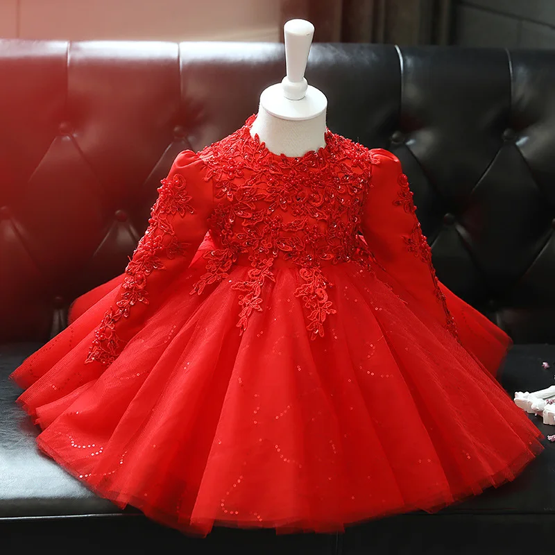 Red Toddler Girl Wedding Dress Long Sleeve Newborn Girls Christmas Princess Gown Beads Lace Infant Kid's 1 Year Birthday Baptism - Image 2