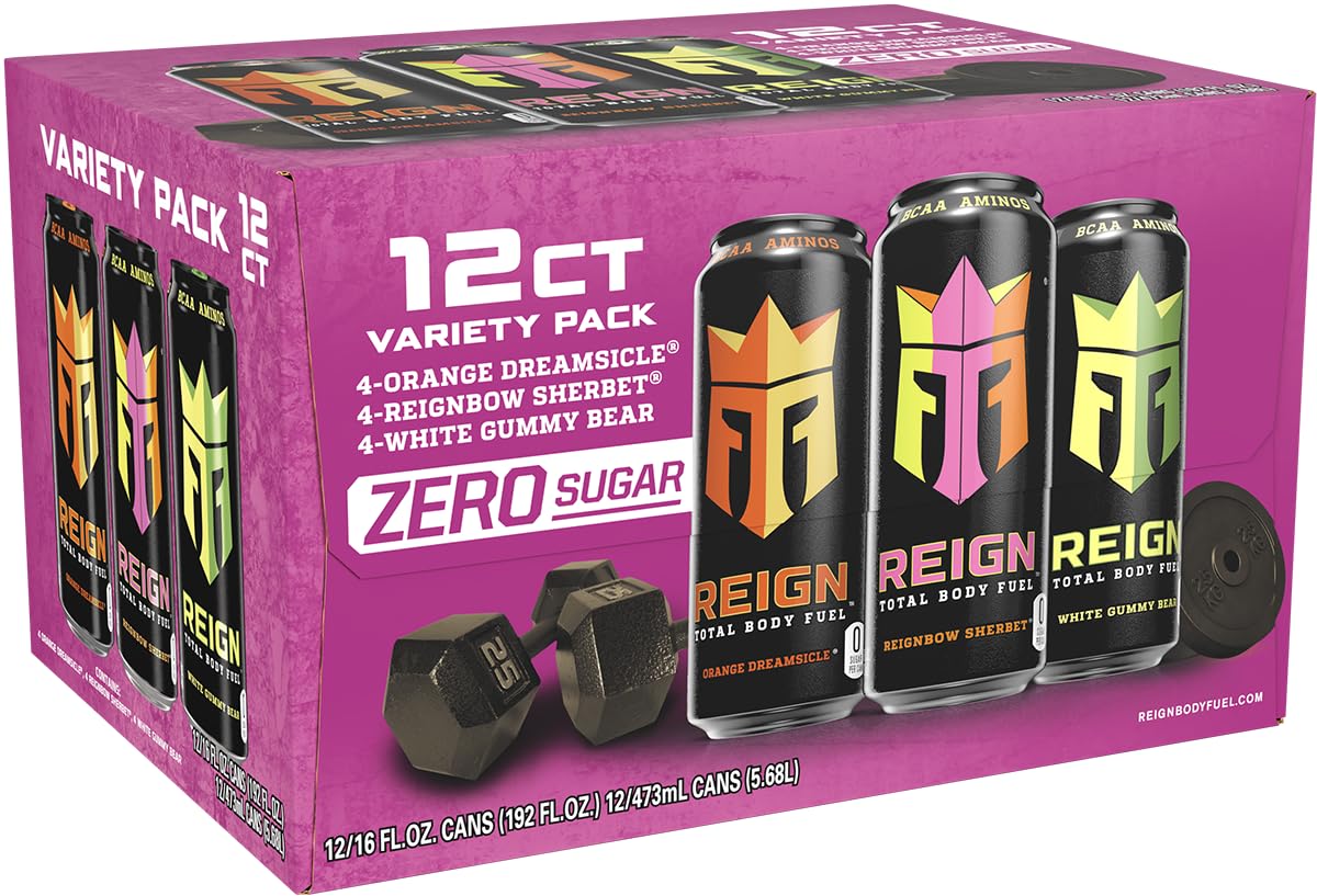 REIGN Total Body Fuel Variety Pack, Reign Orange Dreamsicle, Reign Reignbow Sherbet, Reign White Gummy Bear, Fitness & Performance Drink, 16 Fl Oz (Pack of 12) - Image 3