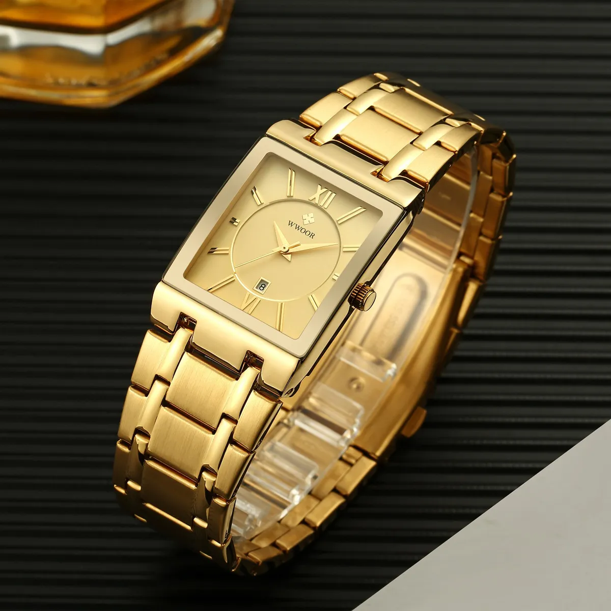 Relogio Masculino WWOOR Gold Watch Men Square Mens Watches Top Brand Luxury Golden Quartz Stainless Steel Waterproof Wrist Watch - Image 3