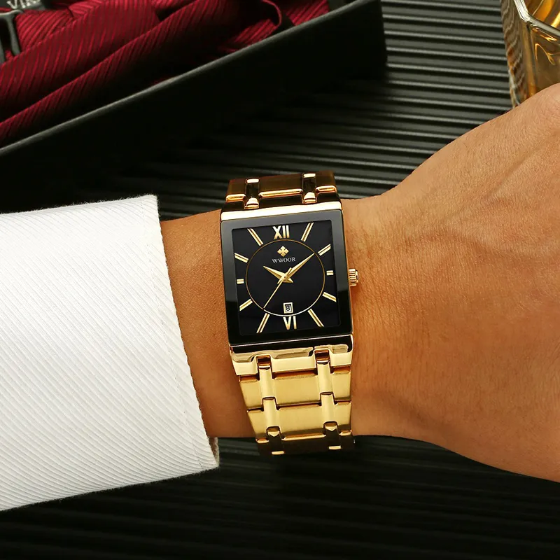 Relogio Masculino WWOOR Gold Watch Men Square Mens Watches Top Brand Luxury Golden Quartz Stainless Steel Waterproof Wrist Watch - Image 4