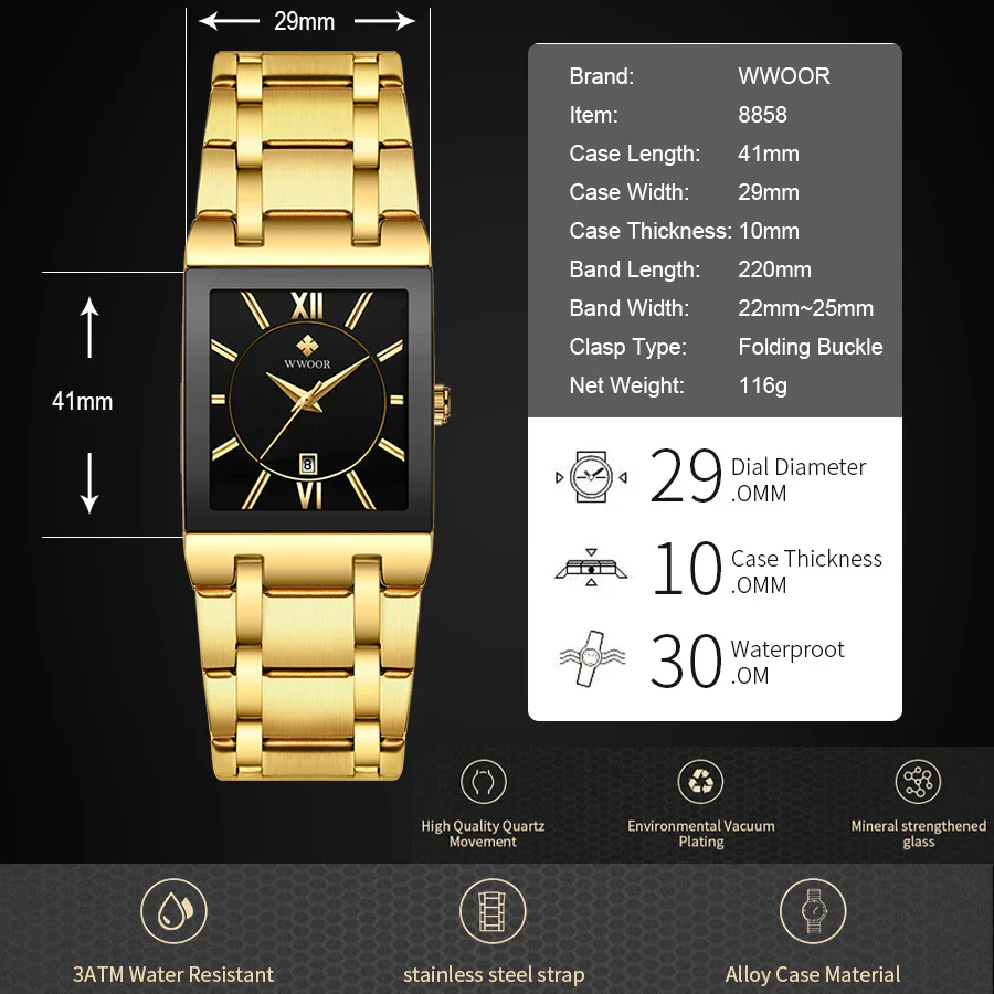 Relogio Masculino WWOOR Gold Watch Men Square Mens Watches Top Brand Luxury Golden Quartz Stainless Steel Waterproof Wrist Watch - Image 5