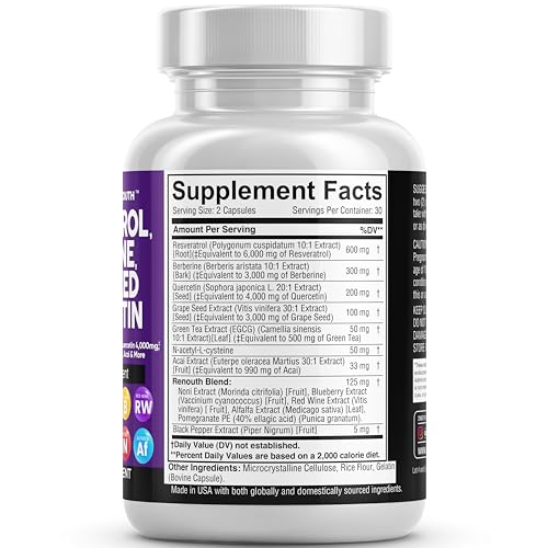 Resveratrol 6000mg Berberine 3000mg Grape Seed Extract 3000mg Quercetin 4000mg Green Tea Extract - Polyphenol Supplement for Women and Men with N-Acetyl Cysteine, Acai Extract - Made in USA 60 Caps - Image 3