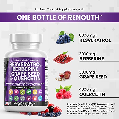Resveratrol 6000mg Berberine 3000mg Grape Seed Extract 3000mg Quercetin 4000mg Green Tea Extract - Polyphenol Supplement for Women and Men with N-Acetyl Cysteine, Acai Extract - Made in USA 60 Caps - Image 7