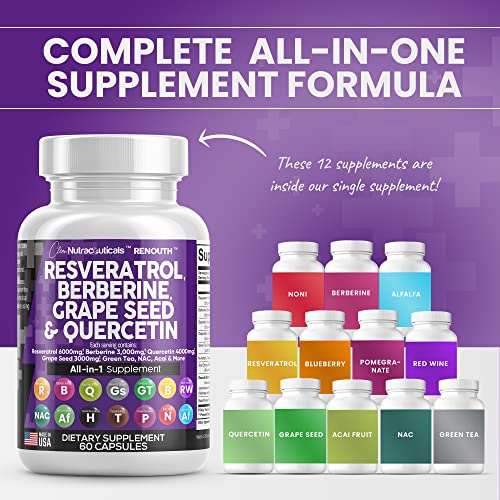 Resveratrol 6000mg Berberine 3000mg Grape Seed Extract 3000mg Quercetin 4000mg Green Tea Extract - Polyphenol Supplement for Women and Men with N-Acetyl Cysteine, Acai Extract - Made in USA 60 Caps - Image 8