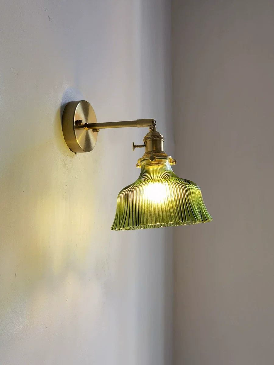 Retro Brass Green Glass Bedroom Style Wall Lamp - Image 2