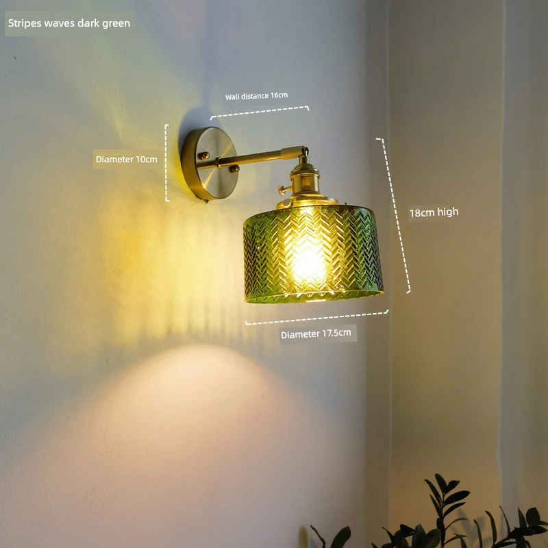 Retro Brass Green Glass Bedroom Style Wall Lamp - Image 8