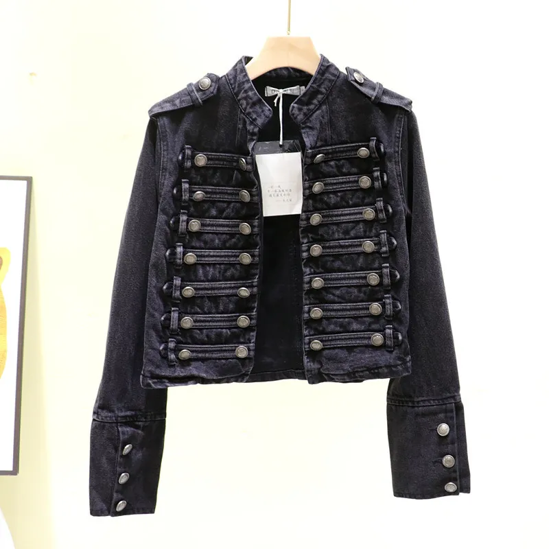 Retro Military Style Handsome Stand Collar Denim Jackets Female Double-breasted Wild Slim Short Denim Jackets Women Outerwear - Image 2