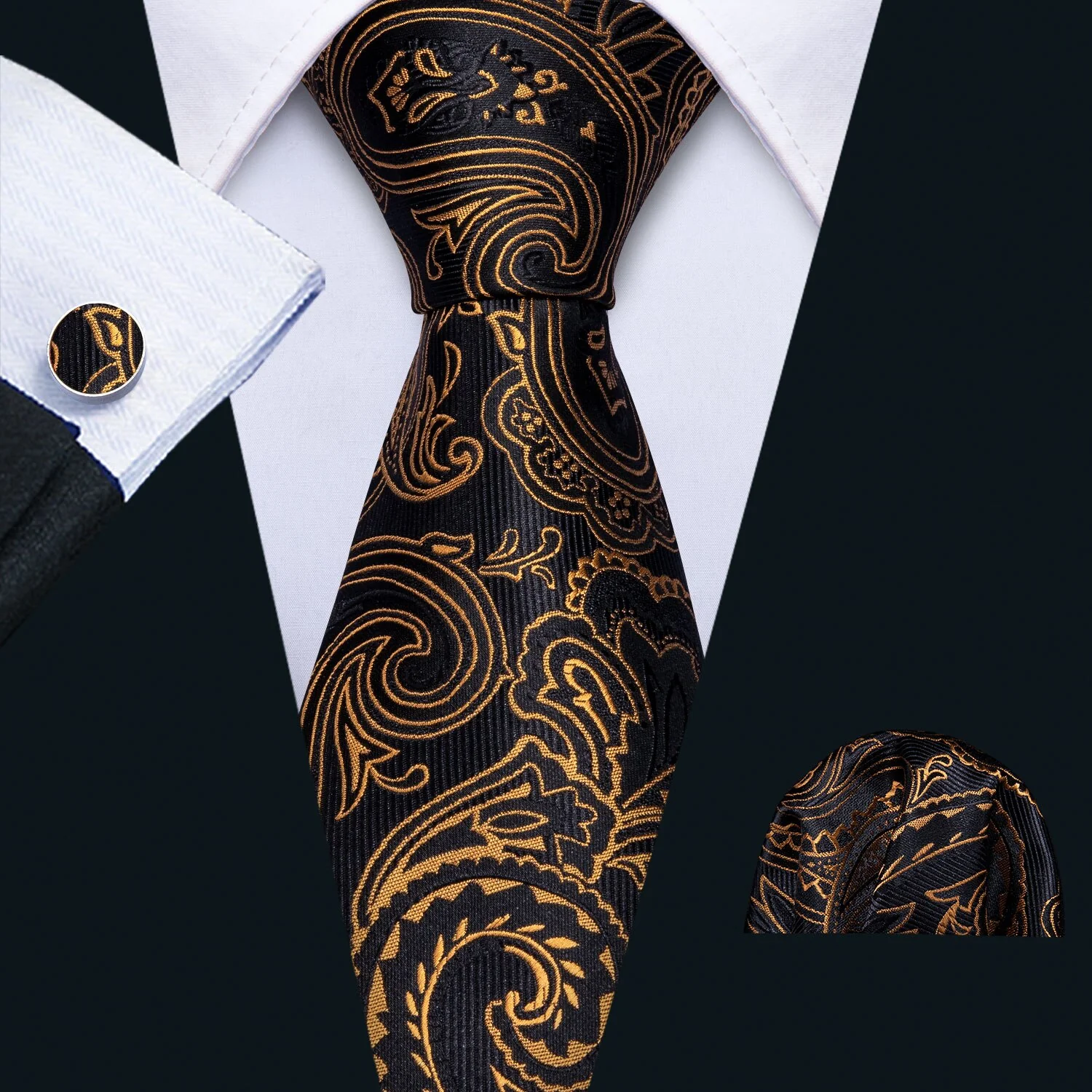 Retro Orange Floral Men Tie Set Silk Jacquard Necktie Wedding Business Handkerchief Cufflinks Tie Barry.Wang Designer FA-5346 - Image 11
