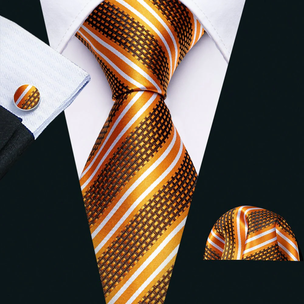 Retro Orange Floral Men Tie Set Silk Jacquard Necktie Wedding Business Handkerchief Cufflinks Tie Barry.Wang Designer FA-5346 - Image 14