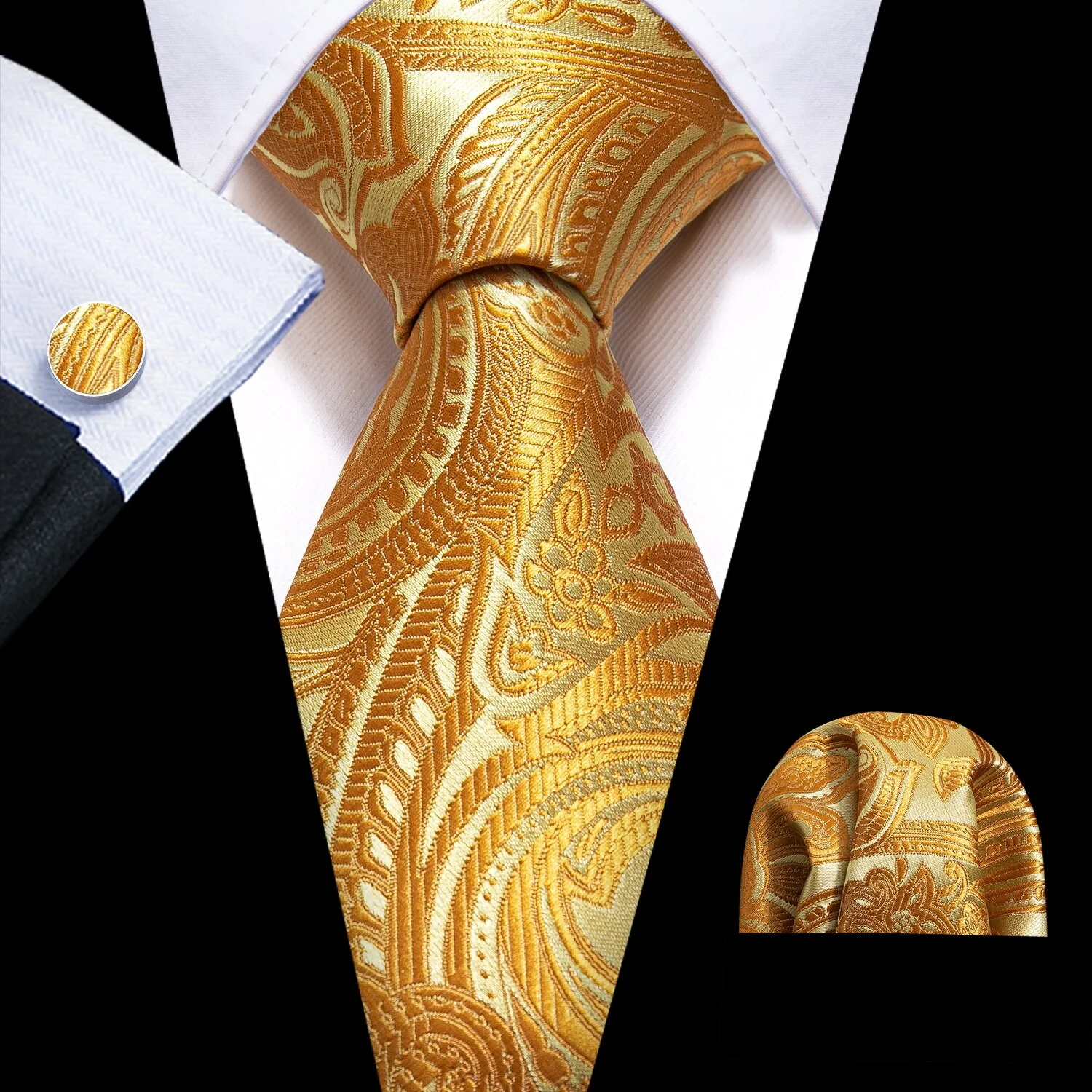 Retro Orange Floral Men Tie Set Silk Jacquard Necktie Wedding Business Handkerchief Cufflinks Tie Barry.Wang Designer FA-5346 - Image 19